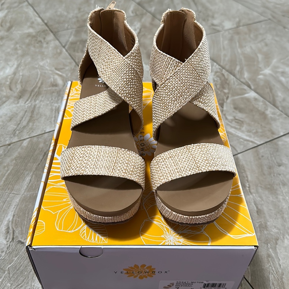 Yellow Box Natural Woven Crisscross Wedge Sandals
